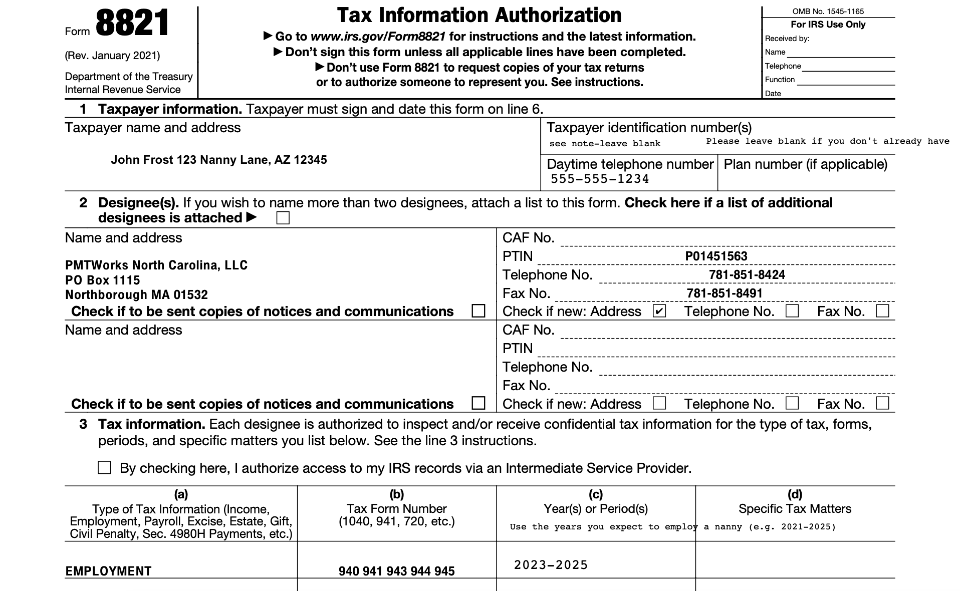 How do I fill out my federal form 8821 – Nanny Lane